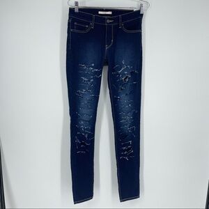 Levi's 711 Womens Blue Skinny Mid Rise Stretch Denim Jeans Distressed